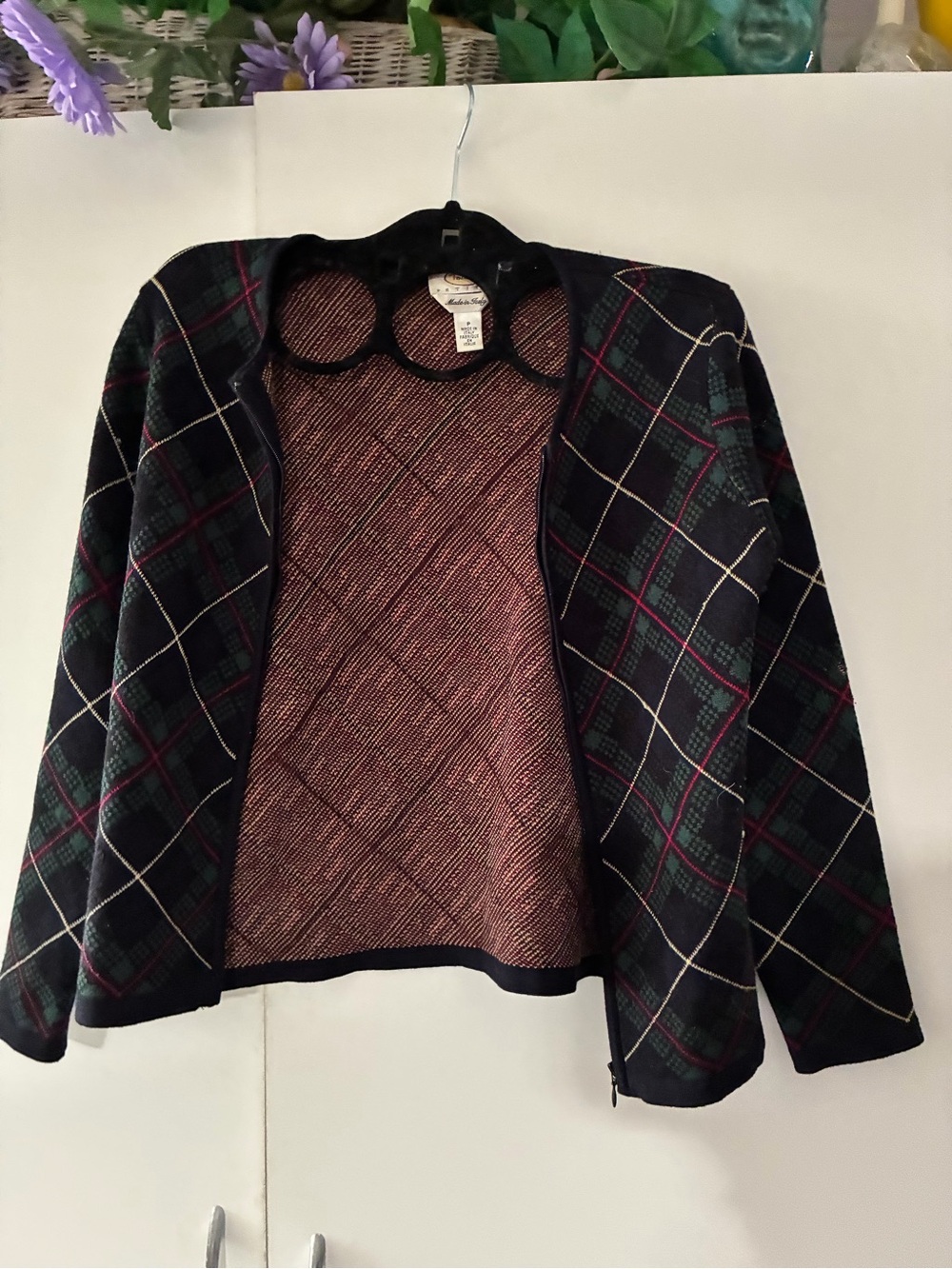 Talbots petite Women’s Black Plaid Open-Front Sweater Jacket - Classic Style